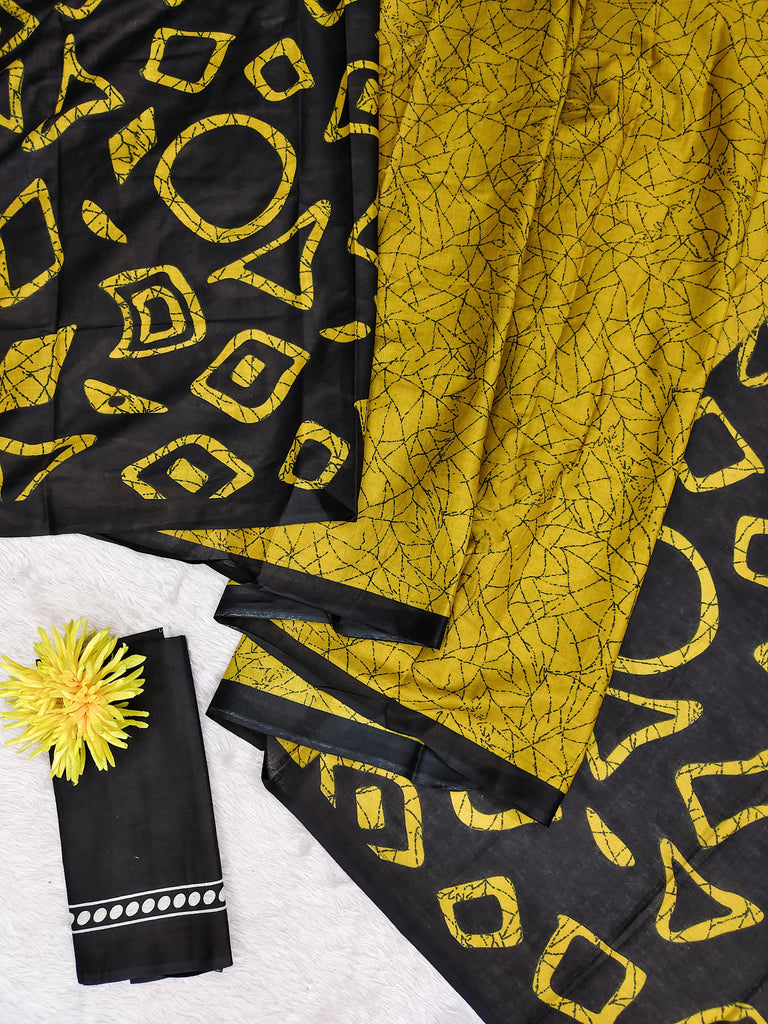 BATIK STYLE FANCY HAND BLOCK MULMUL COTTON YELLOW SAREE