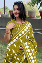 EVERLY SOFT PURE COTTON FANCY BAGRU  HAND BLOCK PRINTED MAHENDI GREEN SAREE