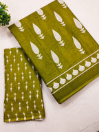 EVERLY SOFT PURE COTTON FANCY BAGRU  HAND BLOCK PRINTED MAHENDI GREEN SAREE