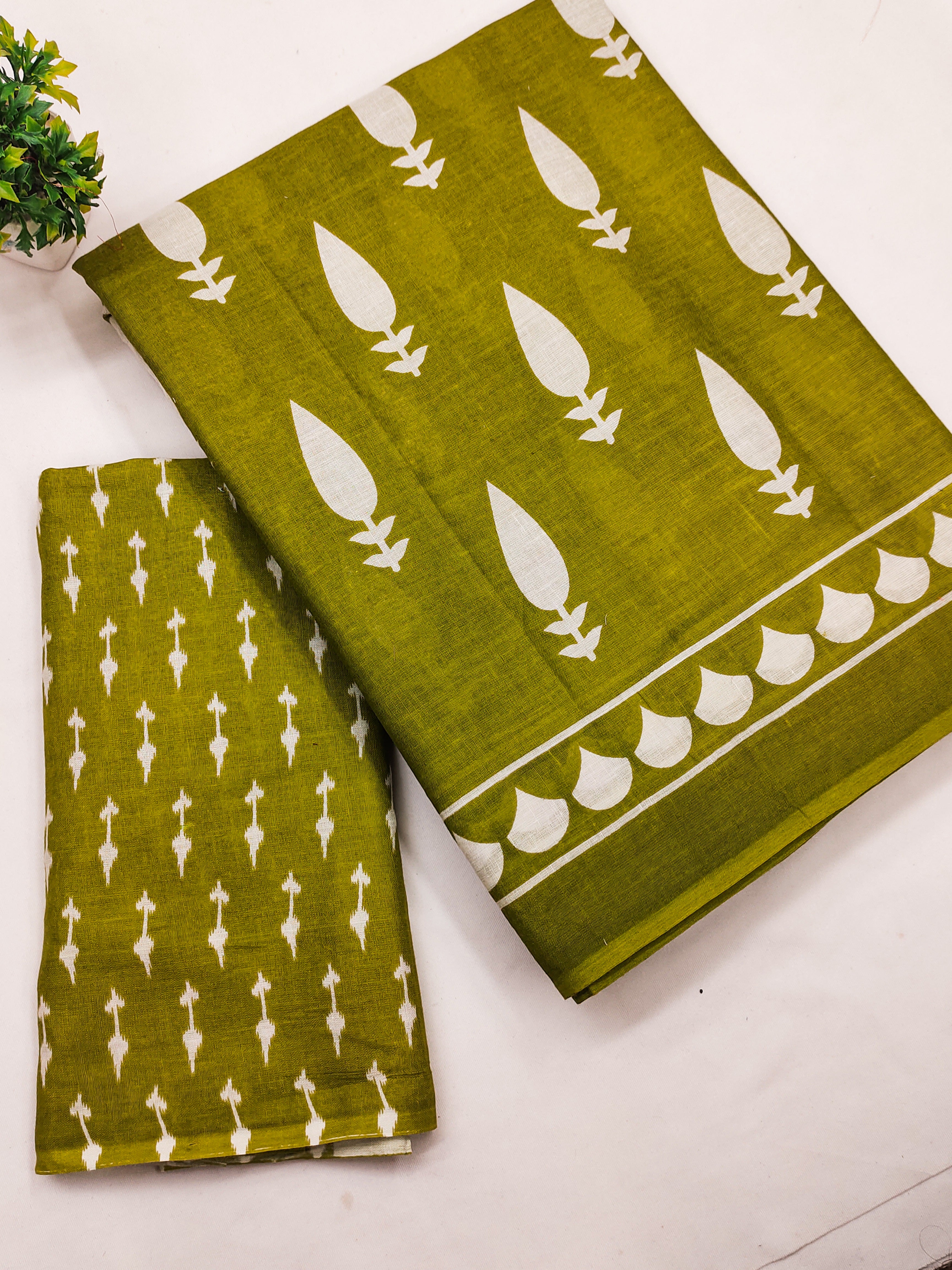 EVERLY SOFT PURE COTTON FANCY BAGRU  HAND BLOCK PRINTED MAHENDI GREEN SAREE