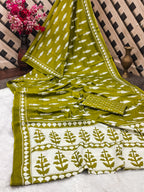 EVERLY SOFT PURE COTTON FANCY BAGRU  HAND BLOCK PRINTED MAHENDI GREEN SAREE