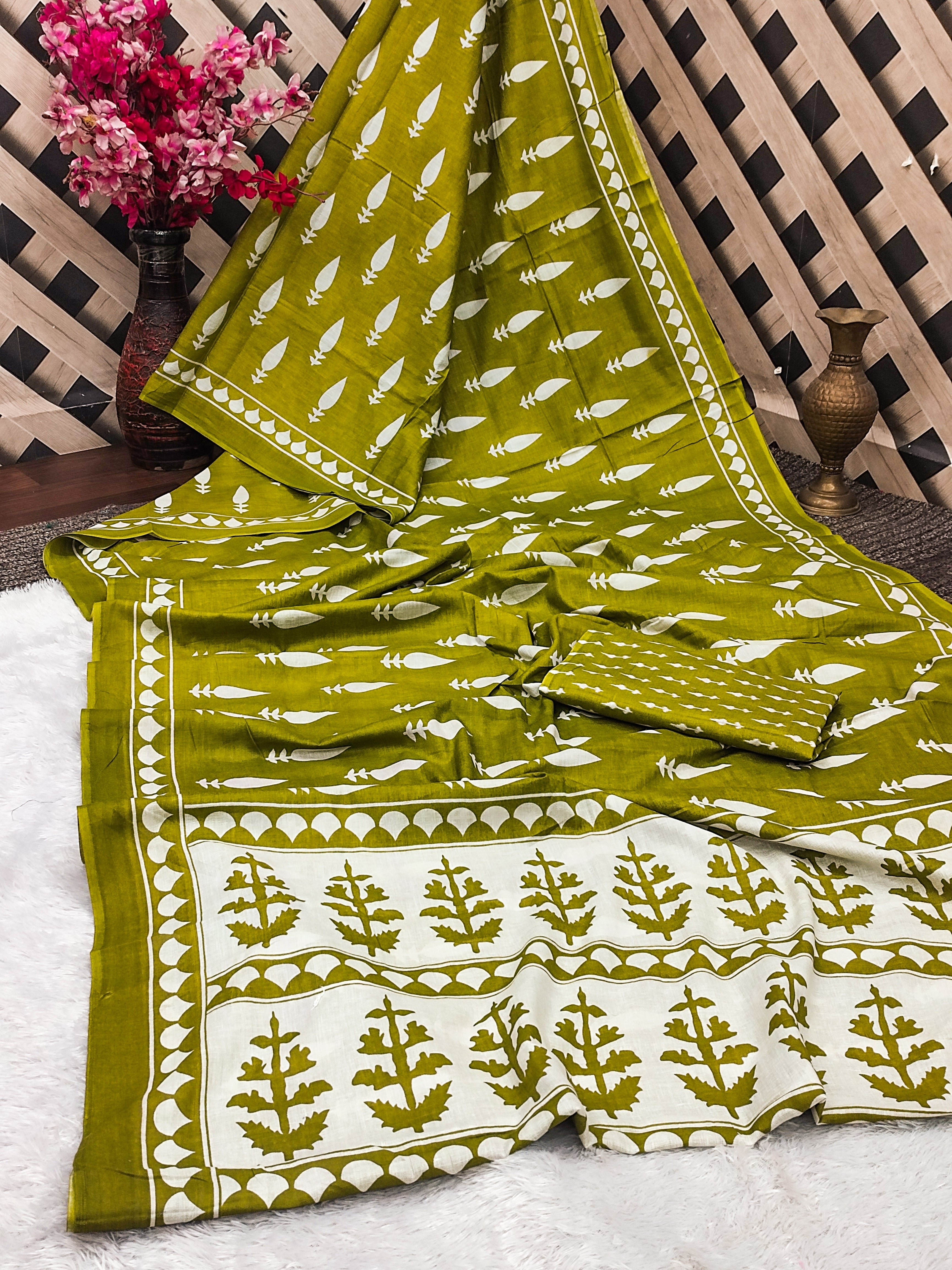 EVERLY SOFT PURE COTTON FANCY BAGRU  HAND BLOCK PRINTED MAHENDI GREEN SAREE