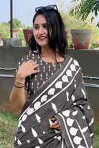 EVERLY SOFT PURE COTTON FANCY BAGRU  HAND BLOCK PRINTED MAHENDI BLACK SAREE