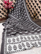 EVERLY SOFT PURE COTTON FANCY BAGRU  HAND BLOCK PRINTED MAHENDI BLACK SAREE