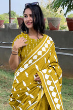 EVERLY SOFT PURE COTTON FANCY BAGRU  HAND BLOCK PRINTED YELLOW SAREE