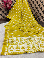 EVERLY SOFT PURE COTTON FANCY BAGRU  HAND BLOCK PRINTED YELLOW SAREE