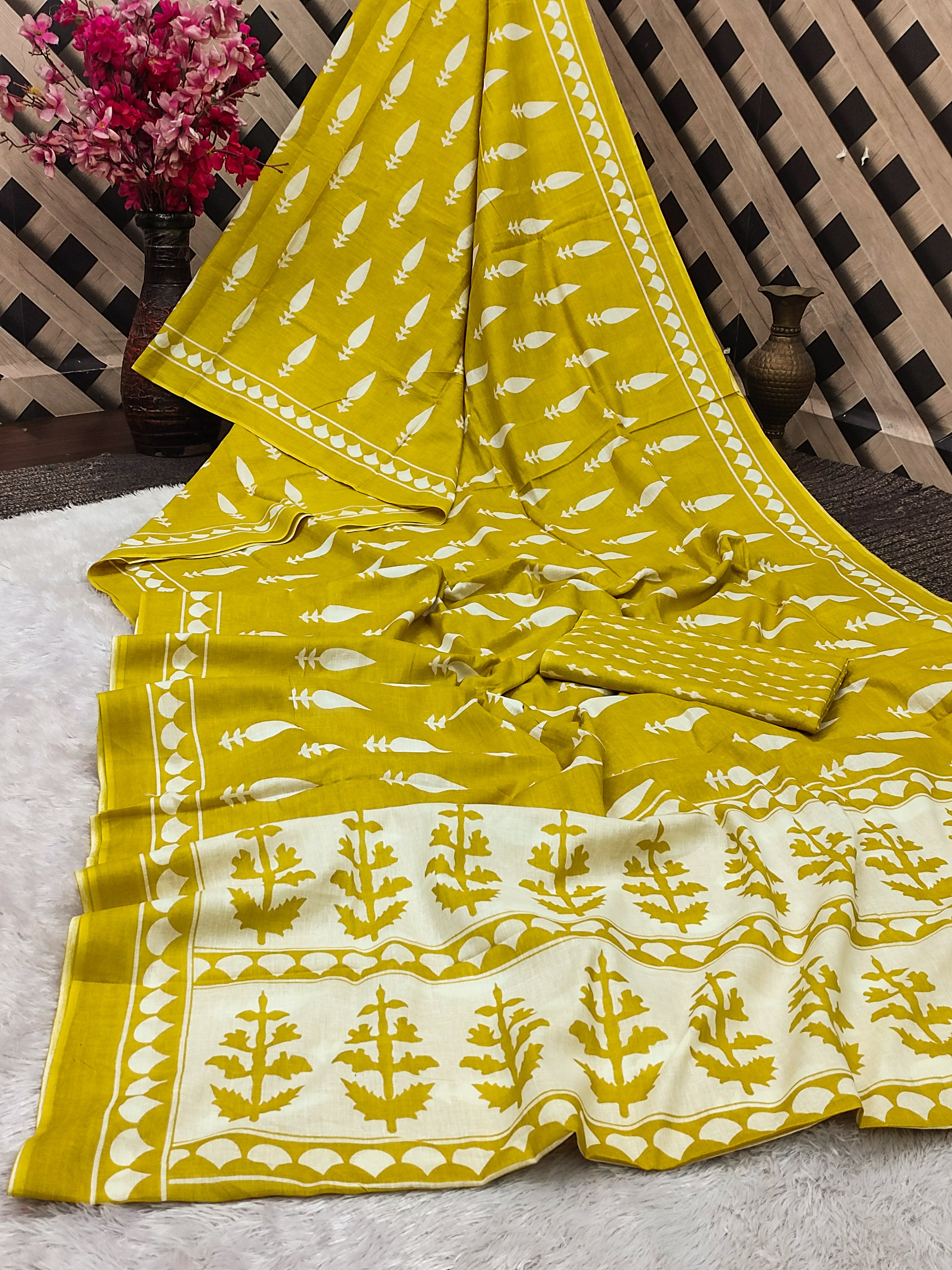 EVERLY SOFT PURE COTTON FANCY BAGRU  HAND BLOCK PRINTED YELLOW SAREE