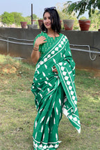 EVERLY SOFT PURE COTTON FANCY BAGRU  HAND BLOCK PRINTED GREEN SAREE