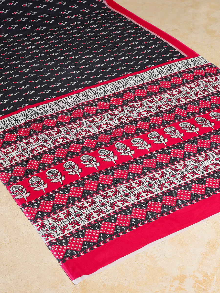 EVERLY SOFT PURE COTTON JAIPUR HAND BLOCK  IKKAT PRINT GREAY AND PINK SAREE