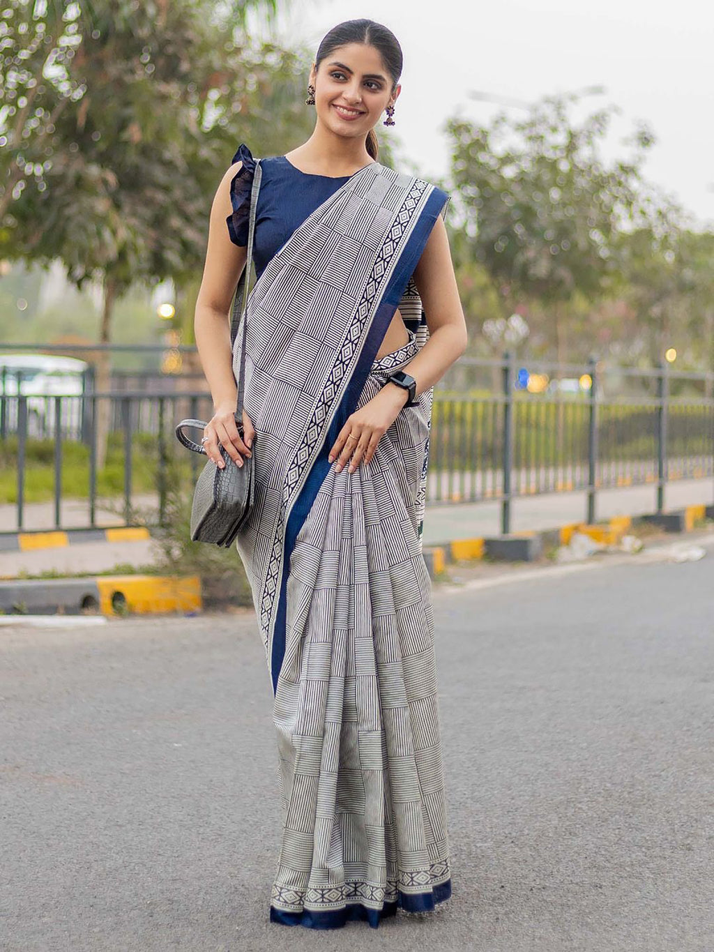 EXAM TIME SOFT PURE COTTON FANCY TRANDING OFFICE WEAR JAIPUR BLOCK PRINT GREY SAREE