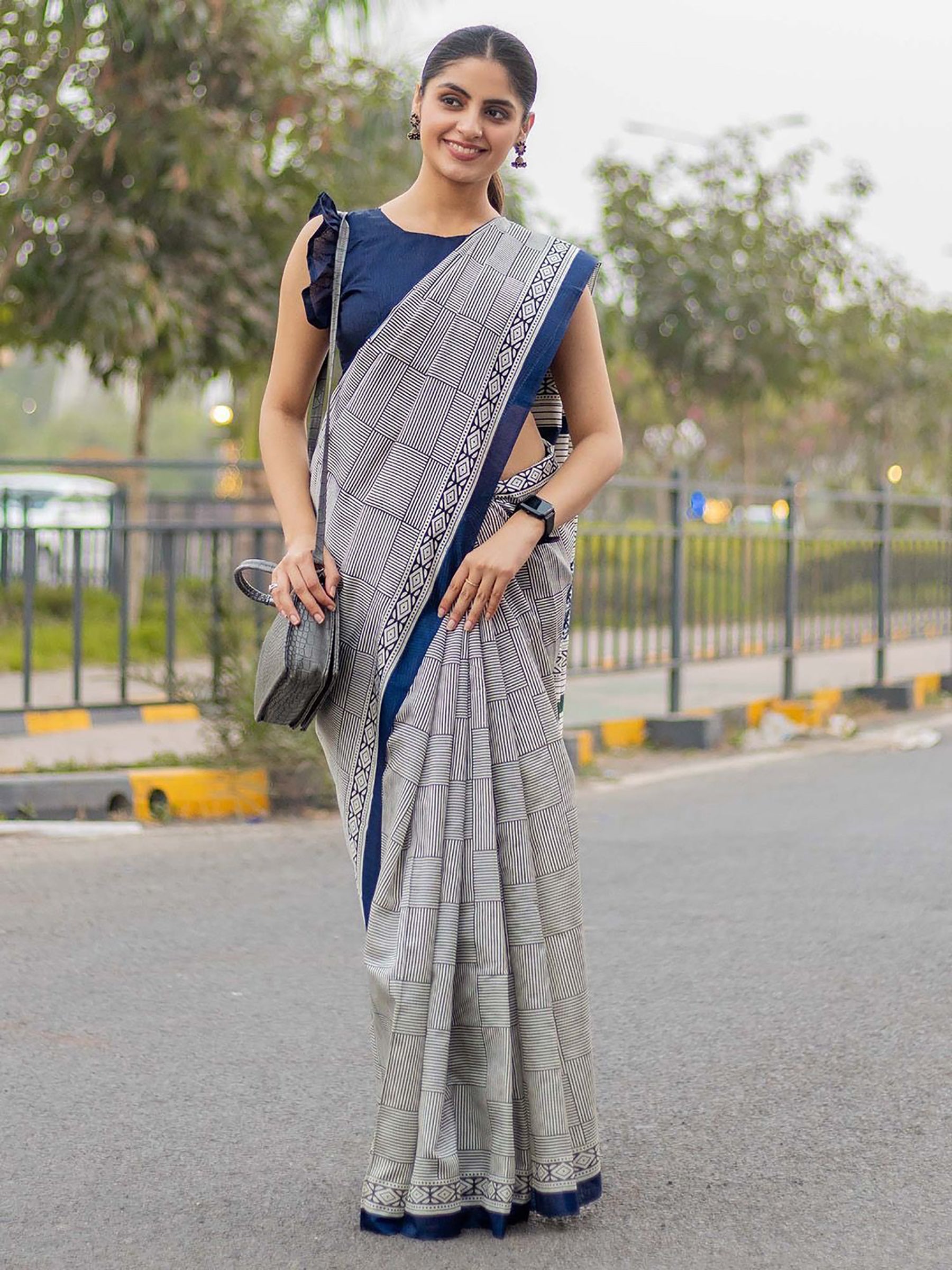 EXAM TIME SOFT PURE COTTON FANCY TRANDING OFFICE WEAR JAIPUR BLOCK PRINT GREY SAREE
