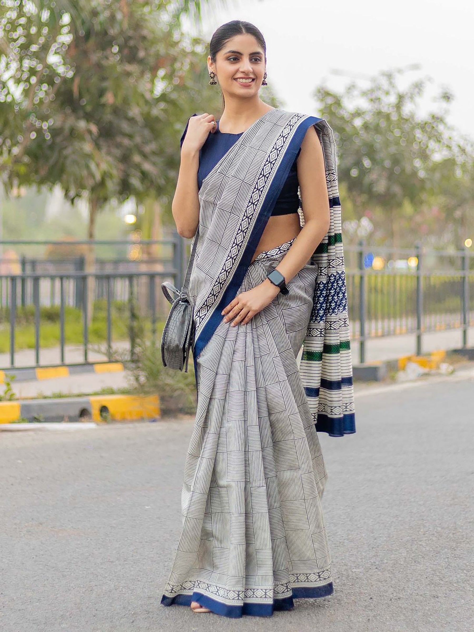 EXAM TIME SOFT PURE COTTON FANCY TRANDING OFFICE WEAR JAIPUR BLOCK PRINT GREY SAREE