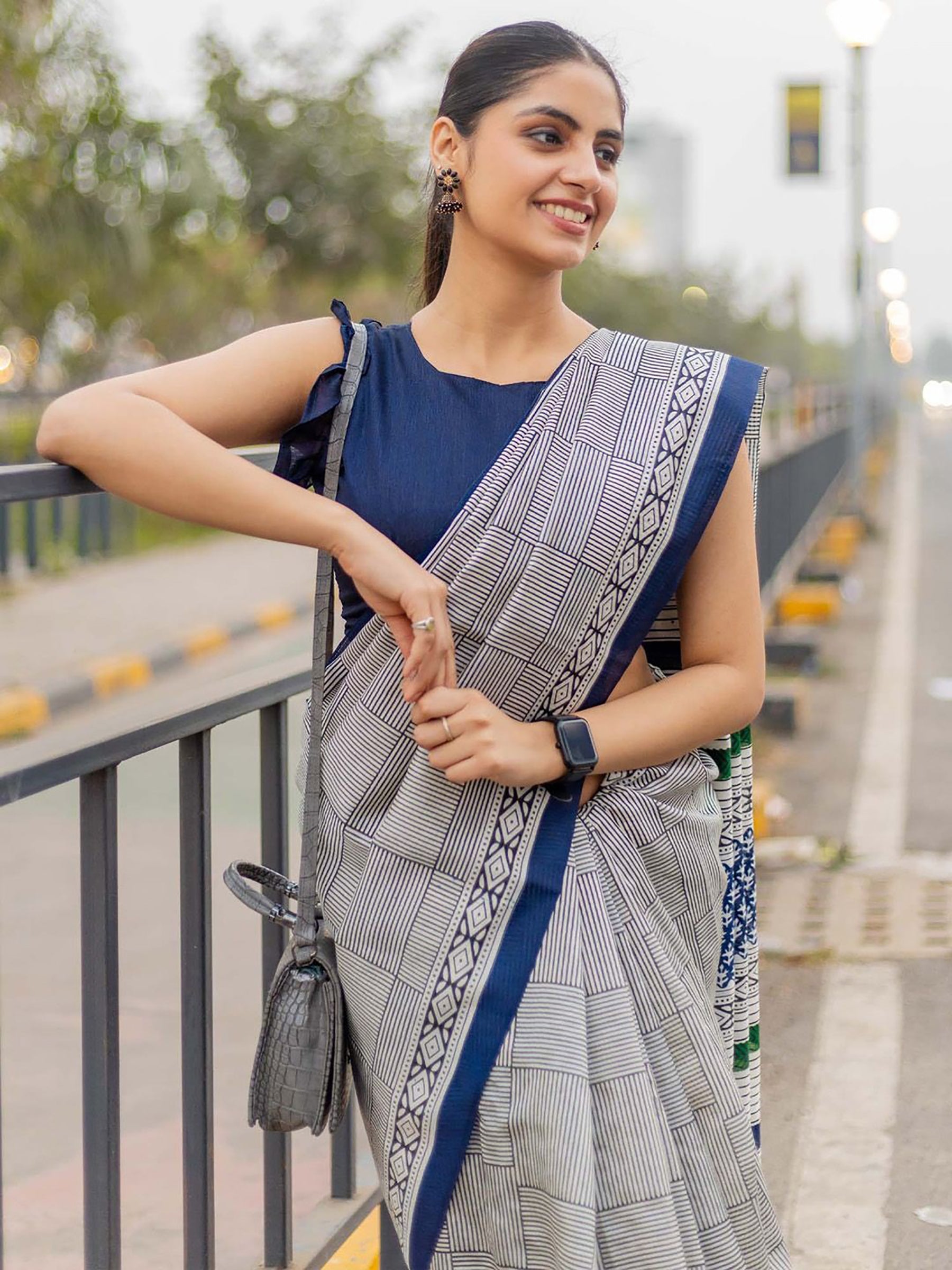 EXAM TIME SOFT PURE COTTON FANCY TRANDING OFFICE WEAR JAIPUR BLOCK PRINT GREY SAREE