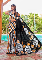 FASHION FUNDA PURE MULMUL COTTON BAGRU FANCY HAND PRINTED BLACK SAREE