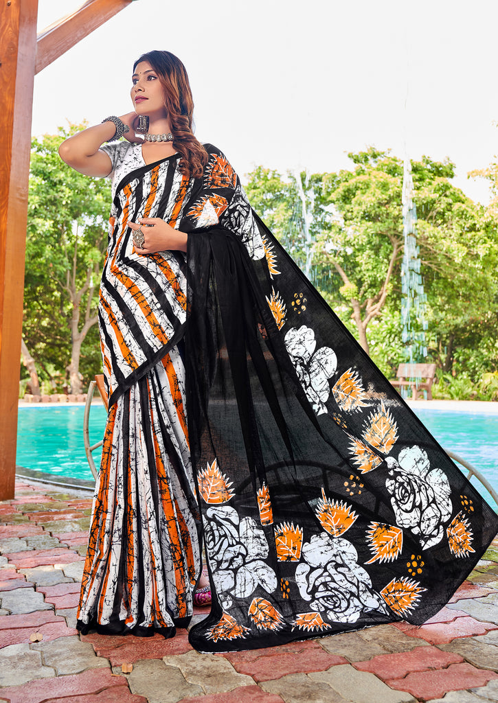 FASHION FUNDA PURE MULMUL COTTON BAGRU FANCY HAND PRINTED BLACK SAREE