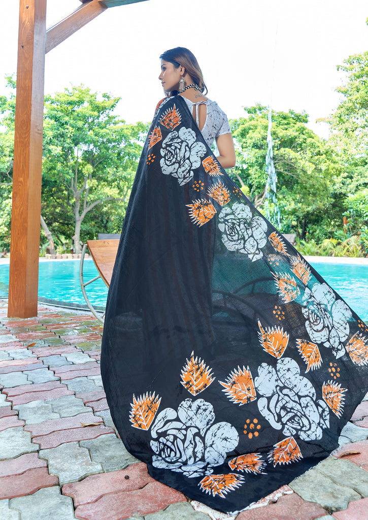FASHION FUNDA PURE MULMUL COTTON BAGRU FANCY HAND PRINTED BLACK SAREE