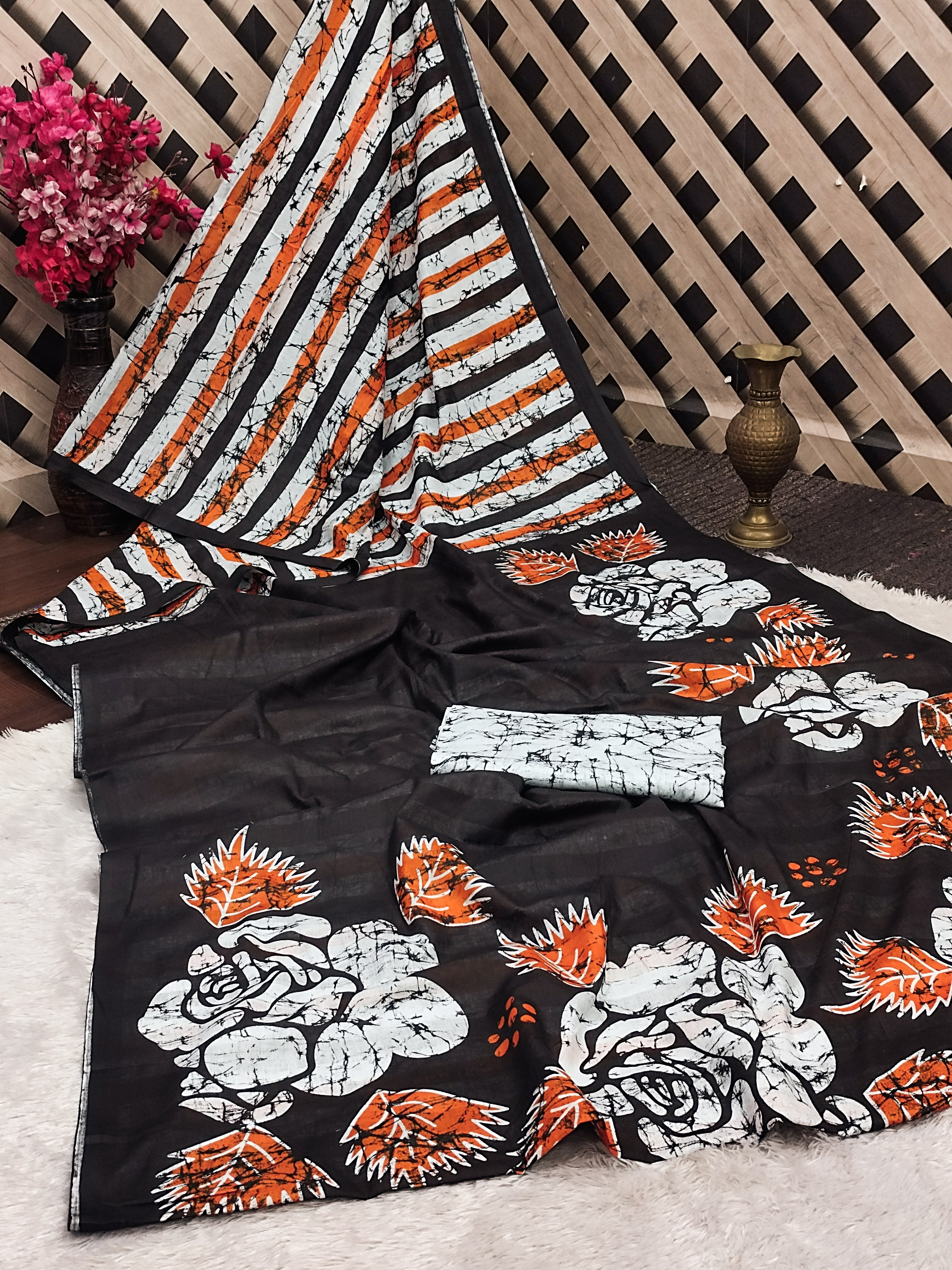 FASHION FUNDA PURE MULMUL COTTON BAGRU FANCY HAND PRINTED BLACK SAREE