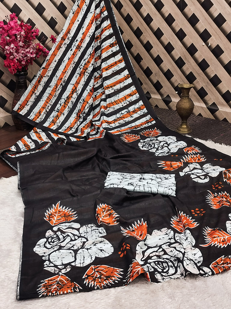 FASHION FUNDA PURE MULMUL COTTON BAGRU FANCY HAND PRINTED BLACK SAREE