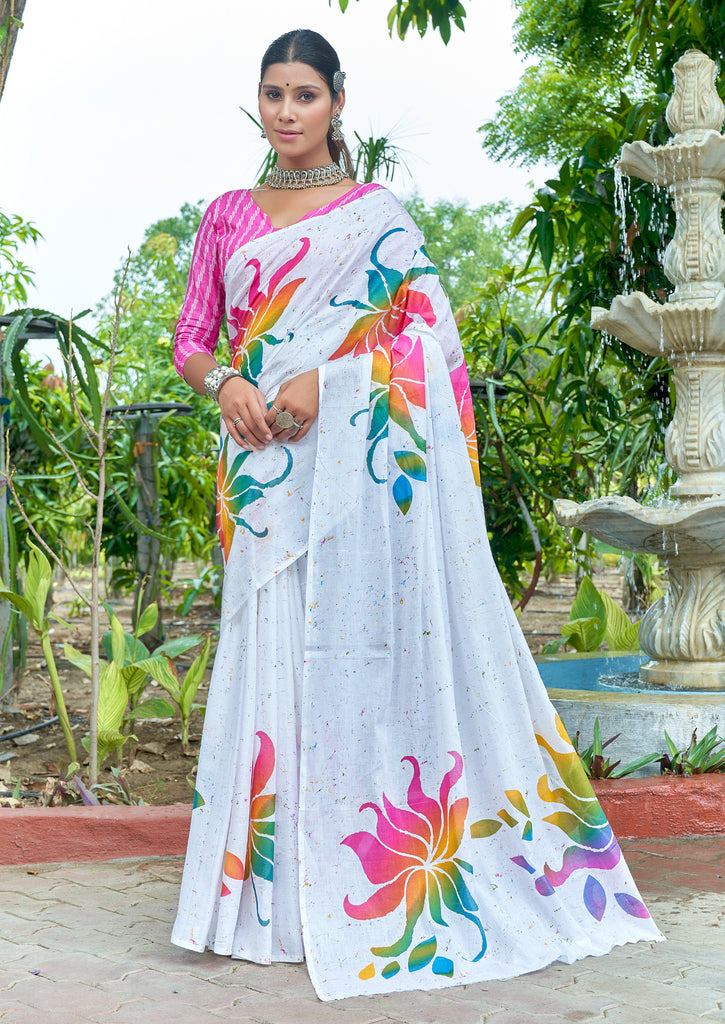FASHION FUNDA PURE MULMUL COTTON BAGRU FANCY HAND PRINTED WHITE SAREE