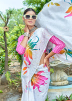 FASHION FUNDA PURE MULMUL COTTON BAGRU FANCY HAND PRINTED WHITE SAREE