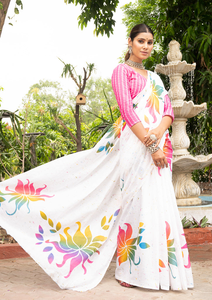 FASHION FUNDA PURE MULMUL COTTON BAGRU FANCY HAND PRINTED WHITE SAREE