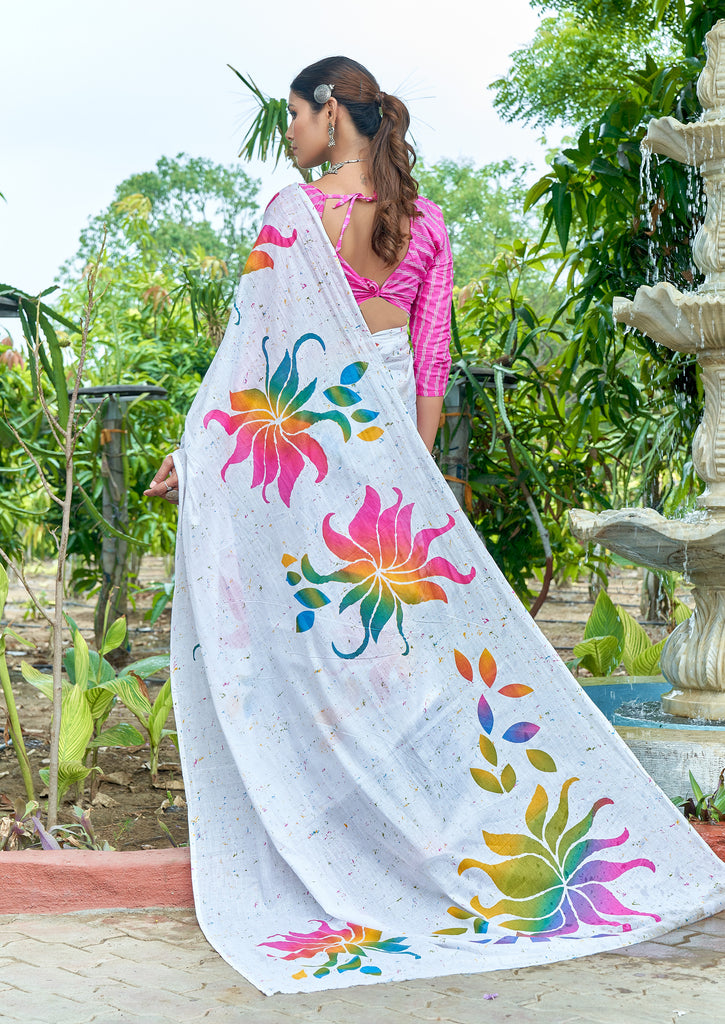 FASHION FUNDA PURE MULMUL COTTON BAGRU FANCY HAND PRINTED WHITE SAREE