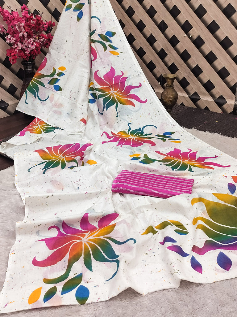 FASHION FUNDA PURE MULMUL COTTON BAGRU FANCY HAND PRINTED WHITE SAREE