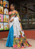 FASHION FUNDA PURE MULMUL COTTON BAGRU FANCY HAND PRINTED WHITE AND BLUE SAREE