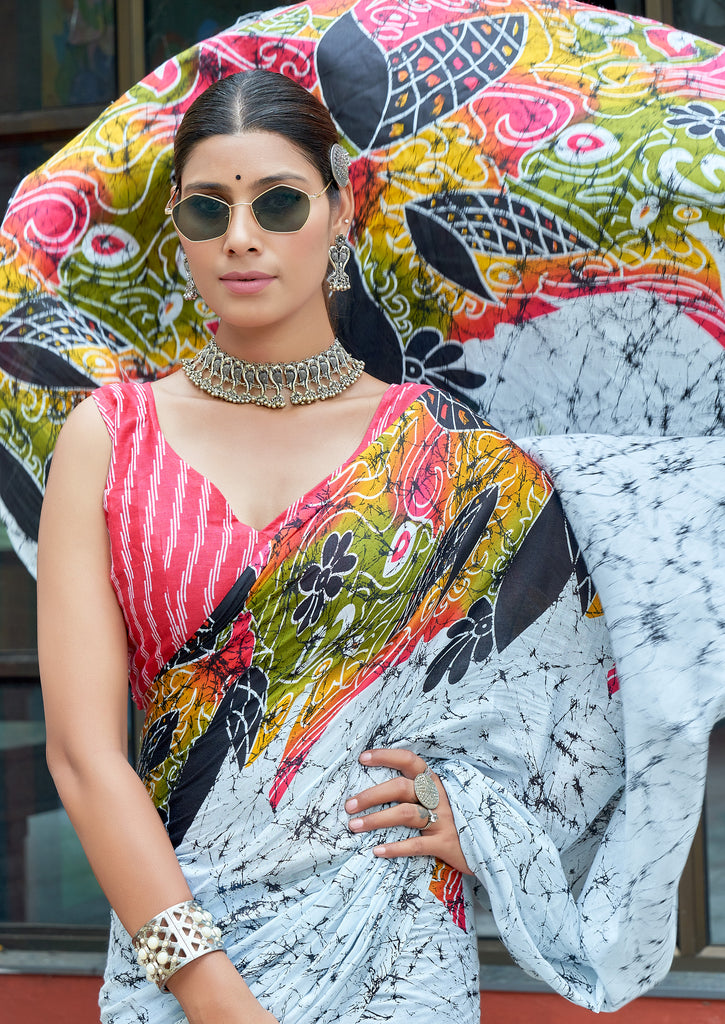 FASHION FUNDA PURE MULMUL COTTON BAGRU FANCY HAND PRINTED WHITE AND BLUE SAREE