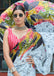FASHION FUNDA PURE MULMUL COTTON BAGRU FANCY HAND PRINTED WHITE AND BLUE SAREE
