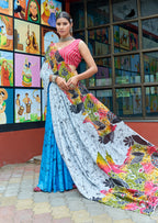 FASHION FUNDA PURE MULMUL COTTON BAGRU FANCY HAND PRINTED WHITE AND BLUE SAREE