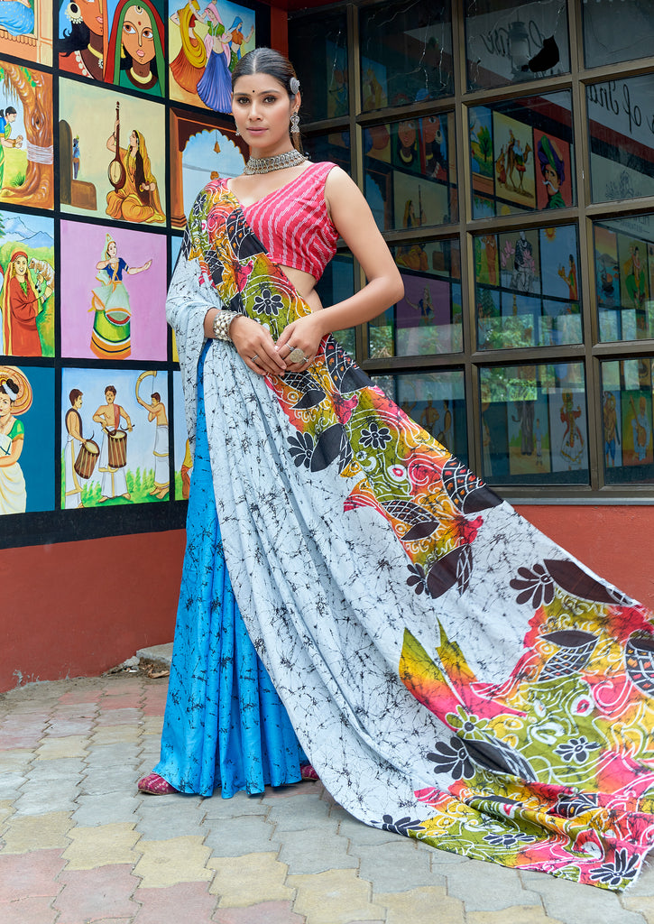 FASHION FUNDA PURE MULMUL COTTON BAGRU FANCY HAND PRINTED WHITE AND BLUE SAREE