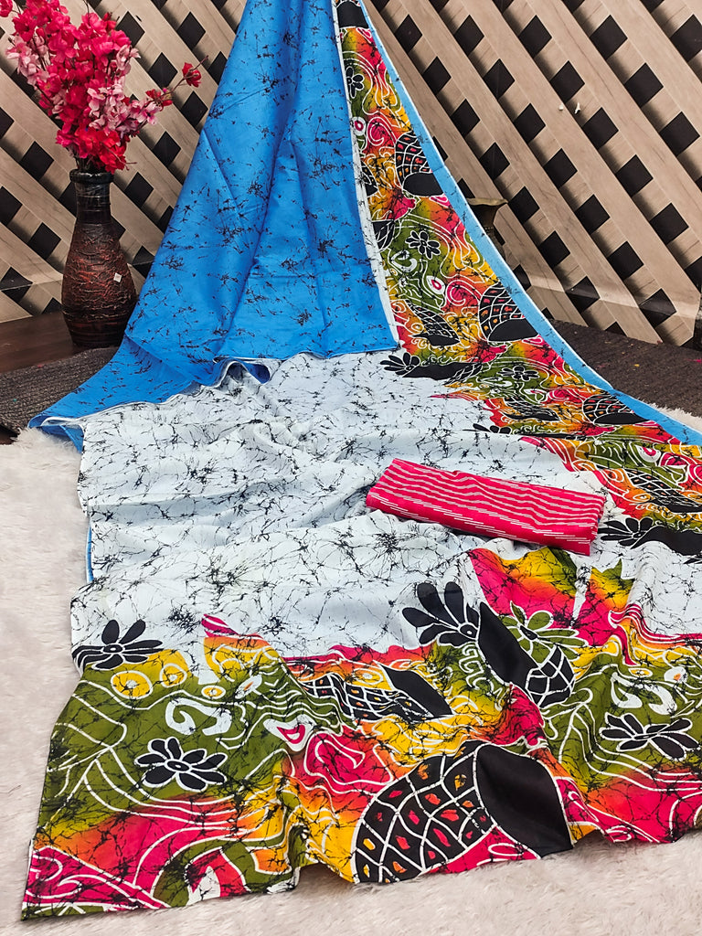FASHION FUNDA PURE MULMUL COTTON BAGRU FANCY HAND PRINTED WHITE AND BLUE SAREE