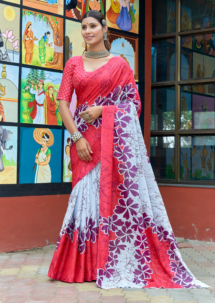 FASHION FUNDA PURE MULMUL COTTON BAGRU FANCY HAND PRINTED PINK SAREE