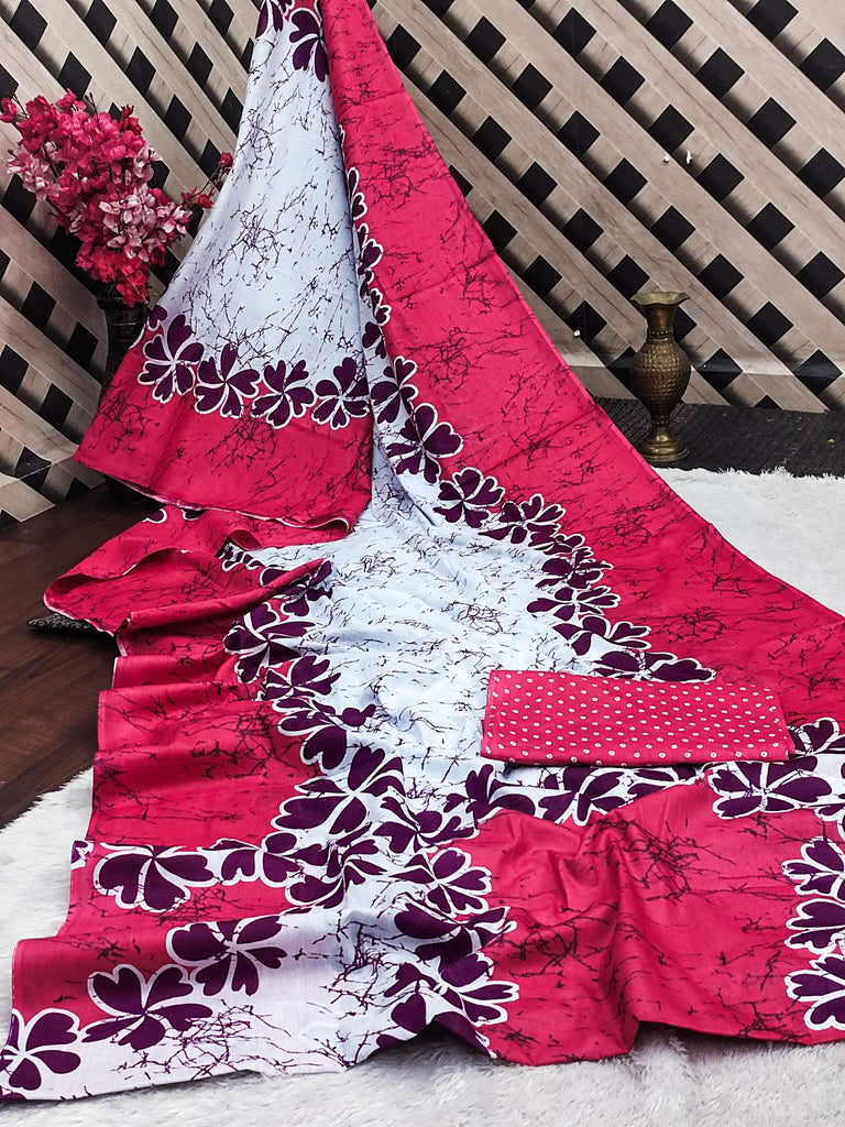 FASHION FUNDA PURE MULMUL COTTON BAGRU FANCY HAND PRINTED PINK SAREE