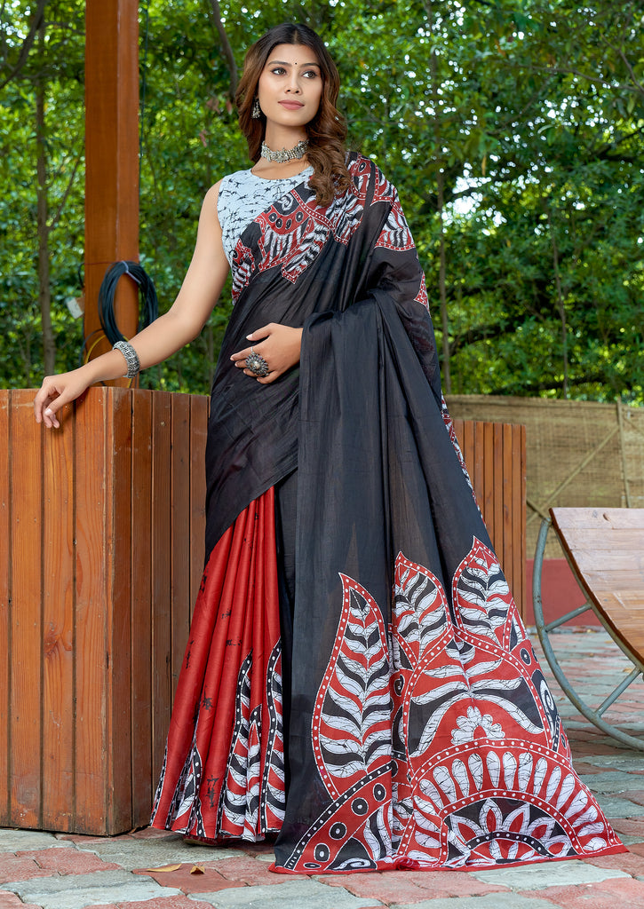 FASHION FUNDA PURE MULMUL COTTON BAGRU FANCY HAND PRINTED BLACK AND MAROON SAREE
