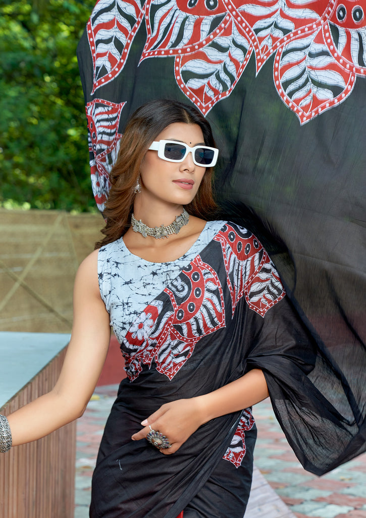 FASHION FUNDA PURE MULMUL COTTON BAGRU FANCY HAND PRINTED BLACK AND MAROON SAREE