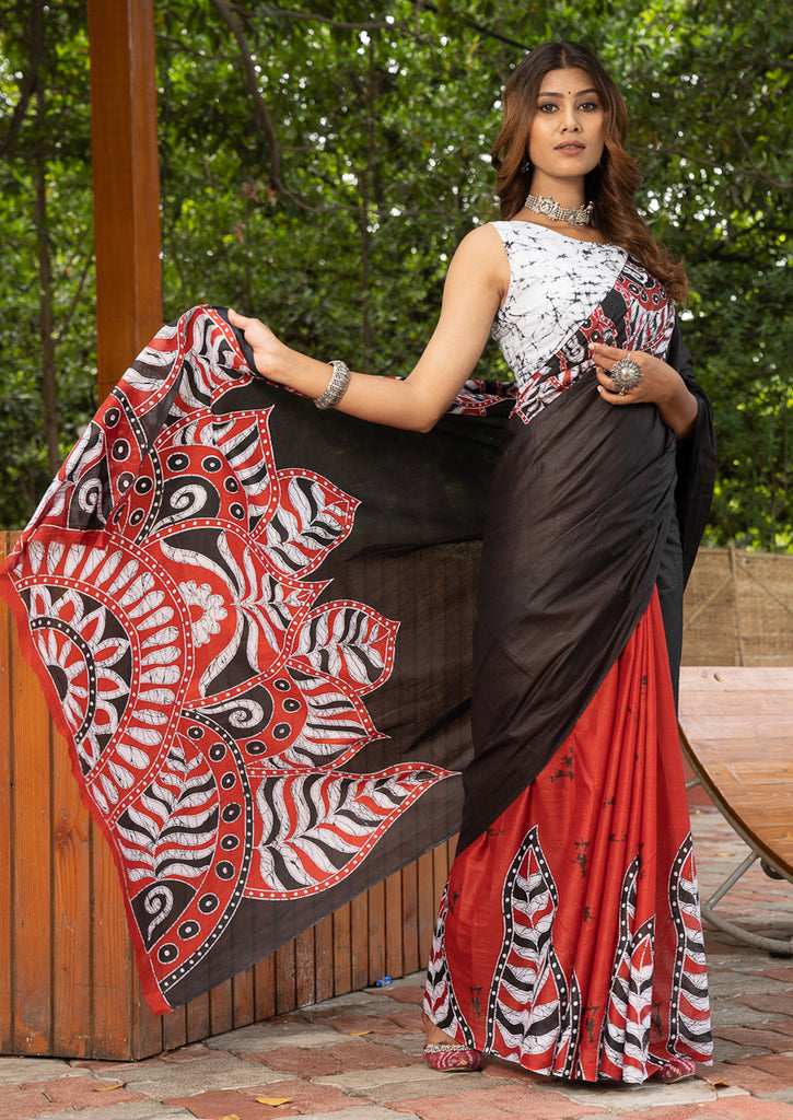 FASHION FUNDA PURE MULMUL COTTON BAGRU FANCY HAND PRINTED BLACK AND MAROON SAREE
