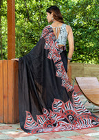 FASHION FUNDA PURE MULMUL COTTON BAGRU FANCY HAND PRINTED BLACK AND MAROON SAREE