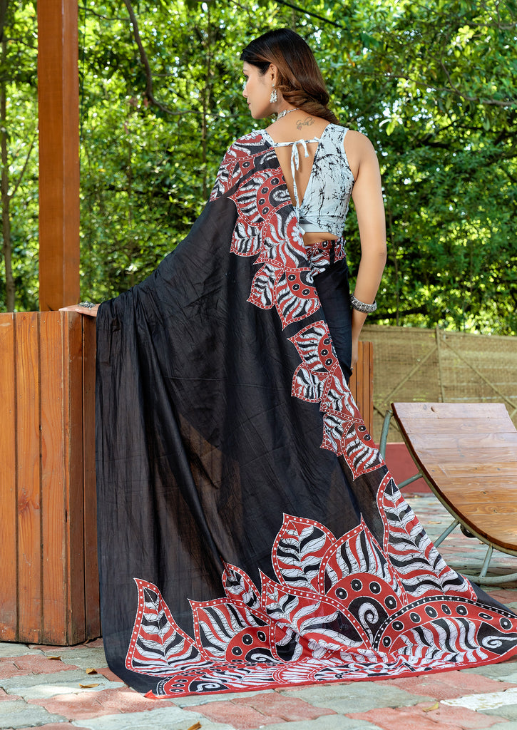 FASHION FUNDA PURE MULMUL COTTON BAGRU FANCY HAND PRINTED BLACK AND MAROON SAREE
