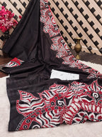 FASHION FUNDA PURE MULMUL COTTON BAGRU FANCY HAND PRINTED BLACK AND MAROON SAREE