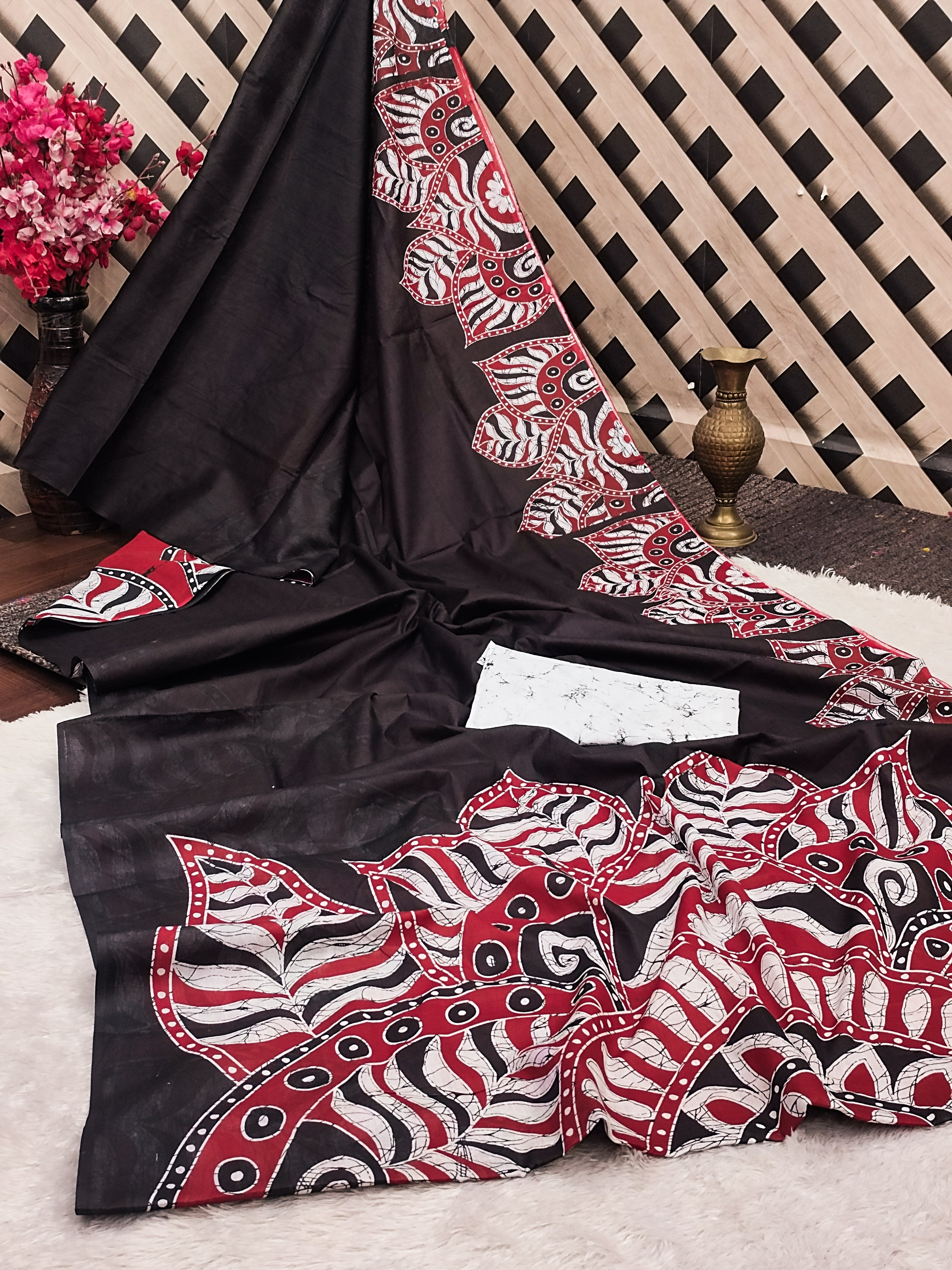 FASHION FUNDA PURE MULMUL COTTON BAGRU FANCY HAND PRINTED BLACK AND MAROON SAREE