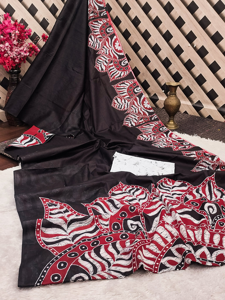 FASHION FUNDA PURE MULMUL COTTON BAGRU FANCY HAND PRINTED BLACK AND MAROON SAREE