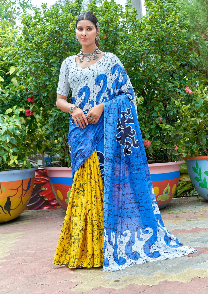 FASHION FUNDA PURE MULMUL COTTON BAGRU FANCY HAND PRINTED BLUE SAREE