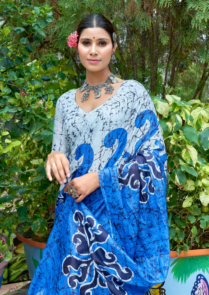 FASHION FUNDA PURE MULMUL COTTON BAGRU FANCY HAND PRINTED BLUE SAREE