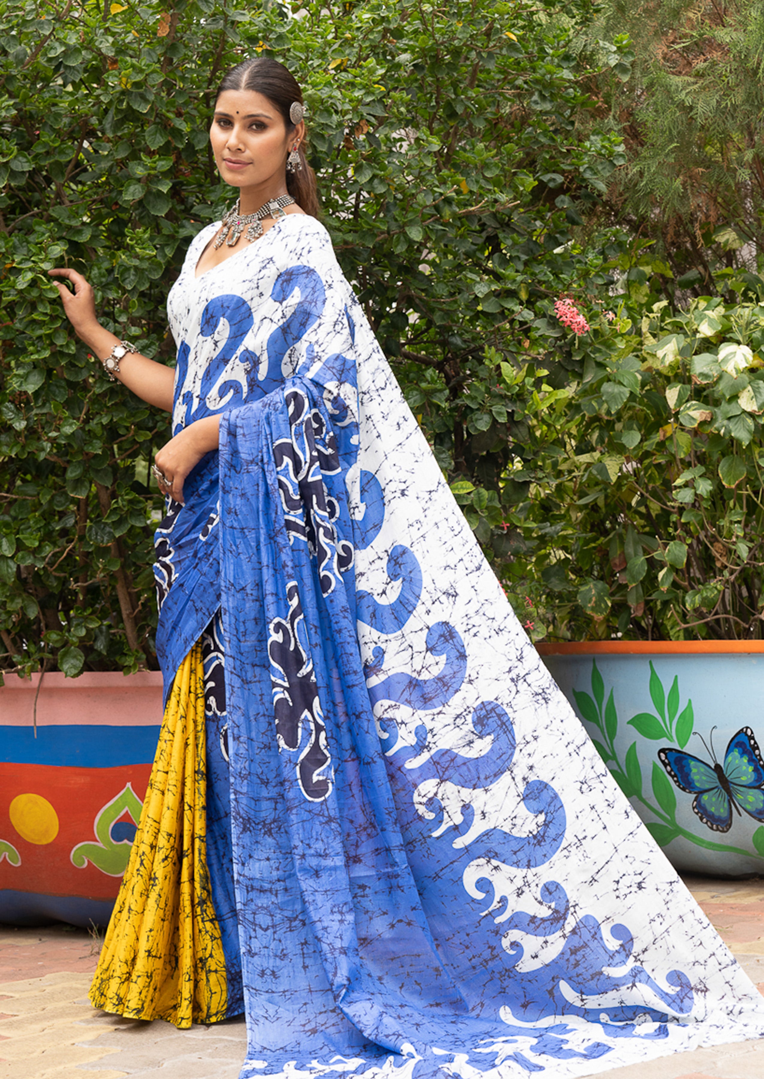 FASHION FUNDA PURE MULMUL COTTON BAGRU FANCY HAND PRINTED BLUE SAREE