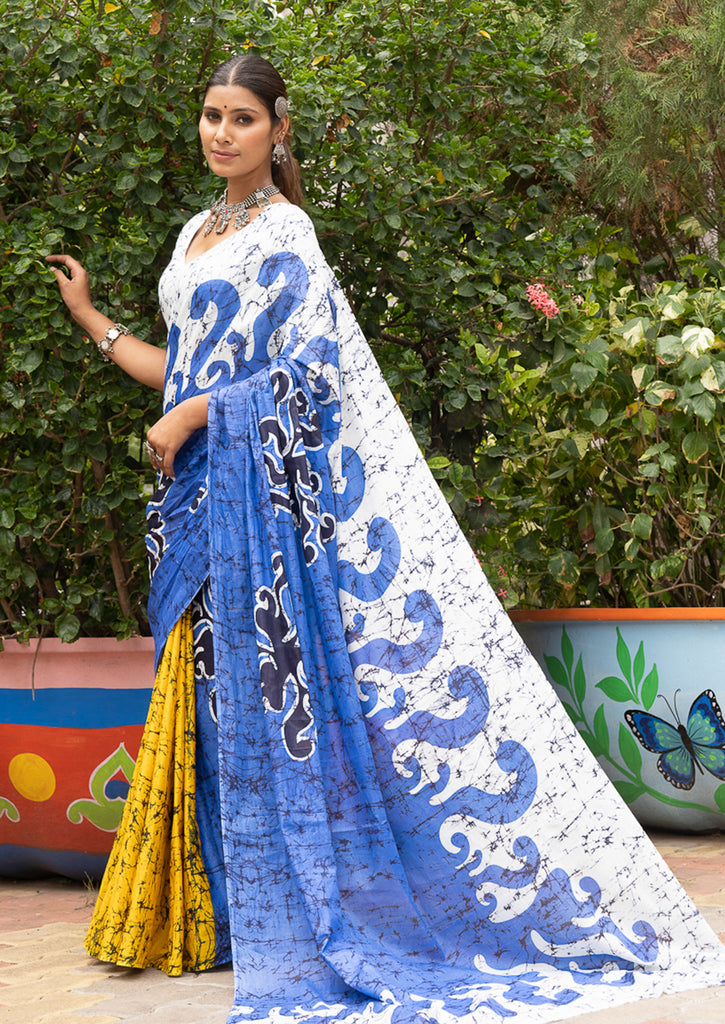 FASHION FUNDA PURE MULMUL COTTON BAGRU FANCY HAND PRINTED BLUE SAREE