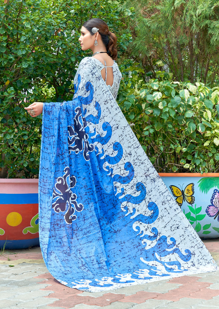 FASHION FUNDA PURE MULMUL COTTON BAGRU FANCY HAND PRINTED BLUE SAREE