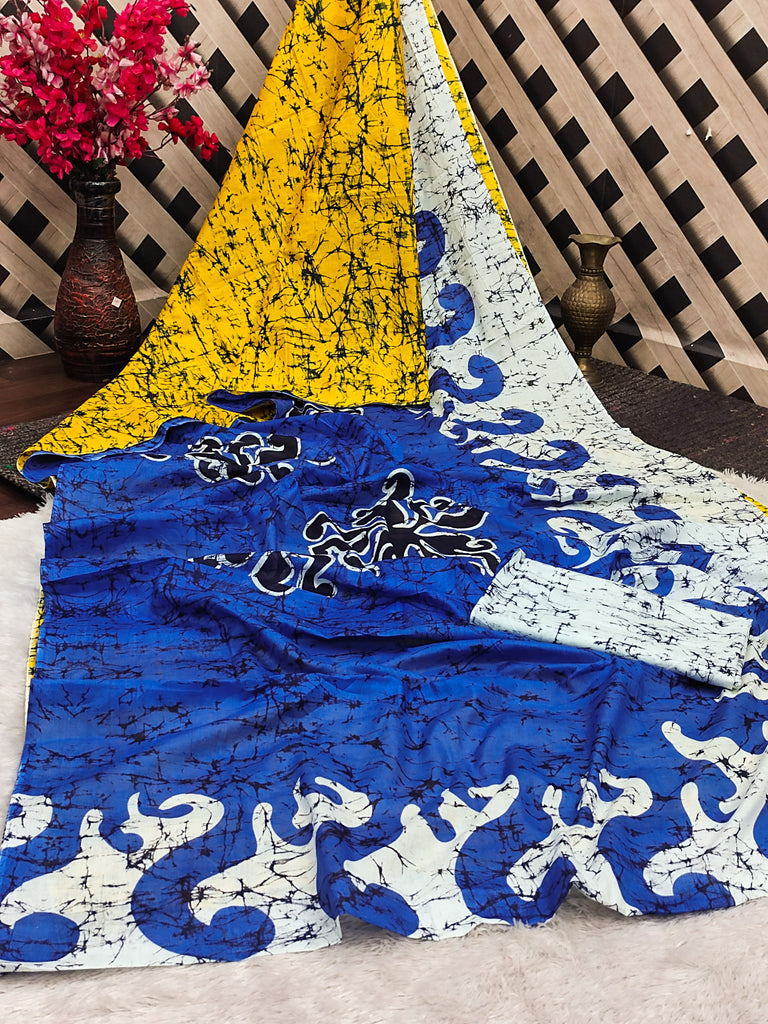 FASHION FUNDA PURE MULMUL COTTON BAGRU FANCY HAND PRINTED BLUE SAREE