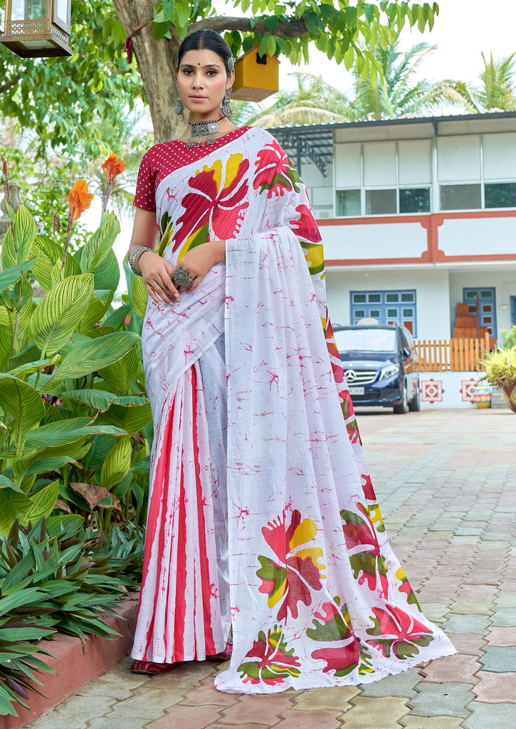FASHION FUNDA PURE MULMUL COTTON BAGRU FANCY HAND PRINTED WHITE SAREE